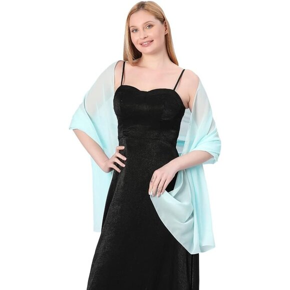 Women Light Blue Elegant Soft Sheer Chiffon Stole Bride Wedding Shawls and Wraps - Picture 3 of 7